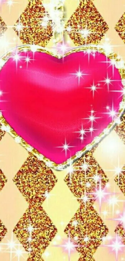 Dazzling glitter heart with gold background.