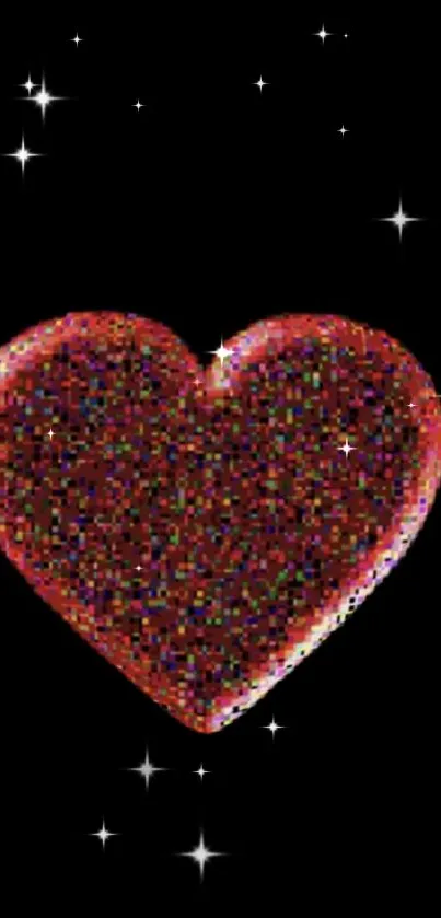 Vibrant glitter heart on black with sparkling stars.