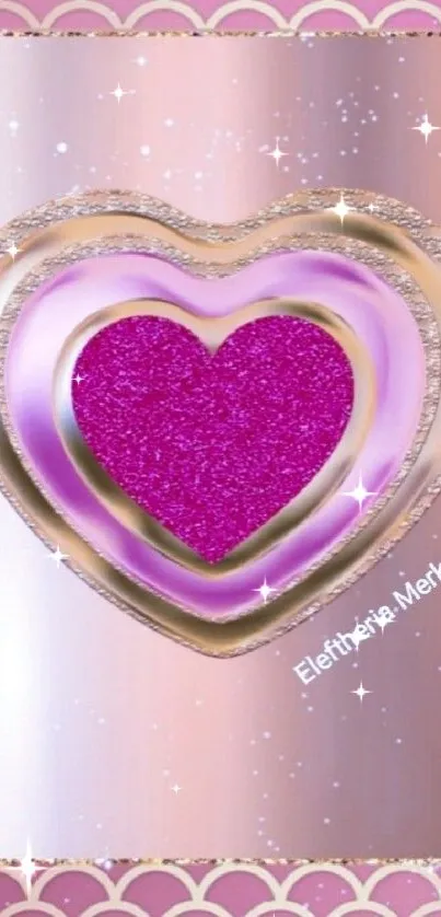 Pink glitter heart with gold accents on a stylish background.