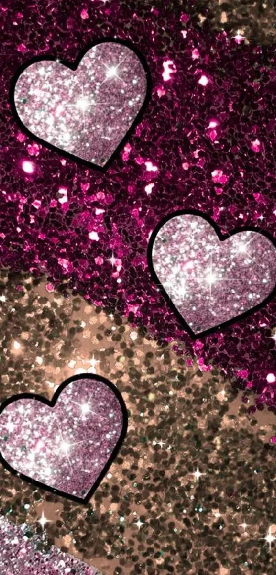 Glamorous glitter heart wallpaper with pink and purple shimmering tones.