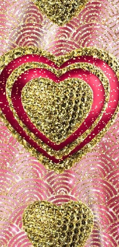 Gold glitter hearts on pink background mobile wallpaper.