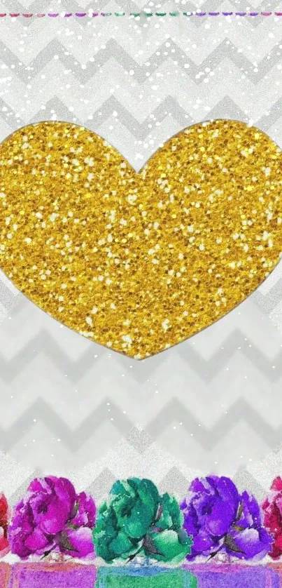 Golden glitter heart with colorful floral border on a chevron background.