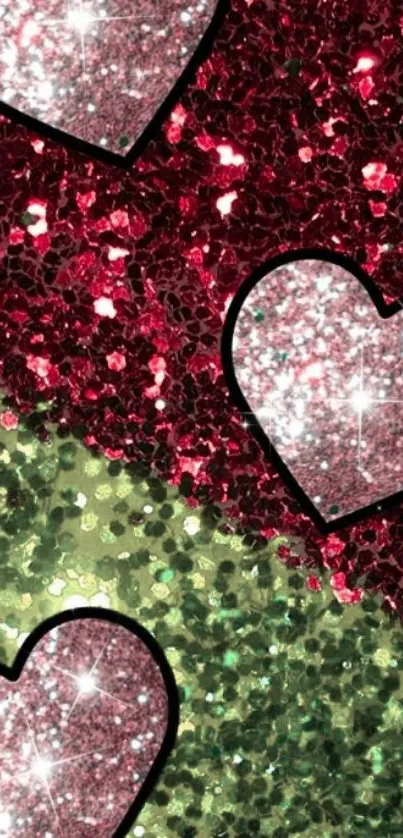 Glittery hearts in red and green hues, sparkling mobile wallpaper.