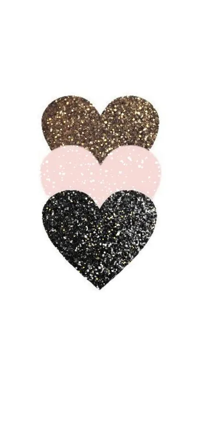 Three glittering hearts in brown, pink, and black on a white background.