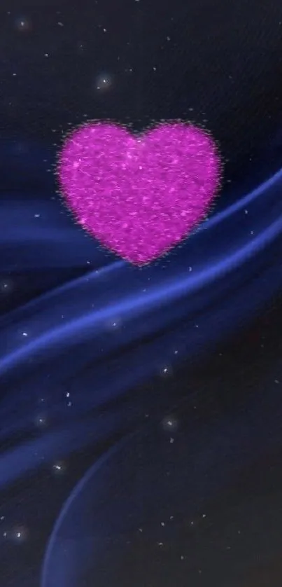 Pink glitter heart on dark blue wavy background wallpaper.