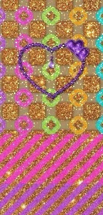 Vibrant glitter heart wallpaper with colorful geometric designs.