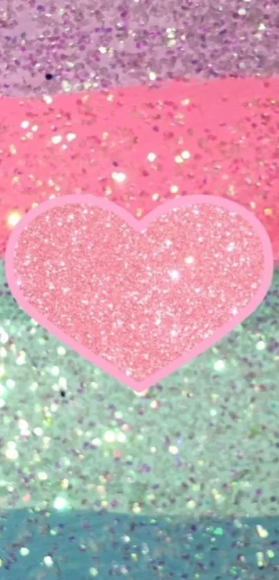 Glittery pink heart on colorful backdrop.