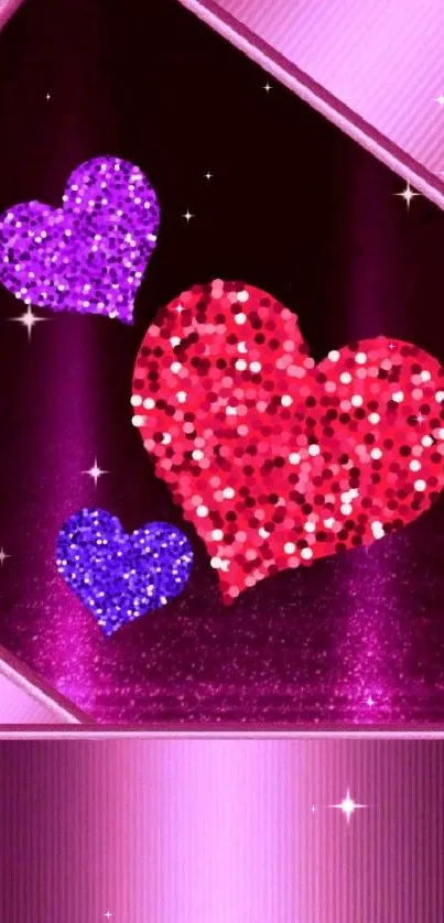 Mobile wallpaper with glitter red and purple hearts on a pink background.