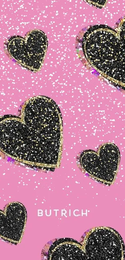 Glitter black hearts on a pink background wallpaper.