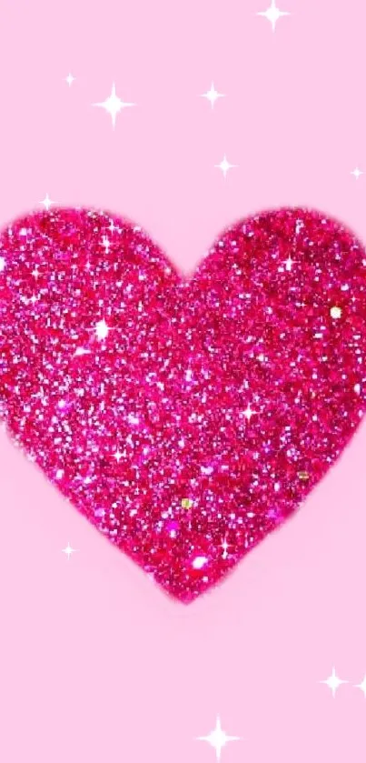 Glittery pink heart on a soft pink background with sparkles.