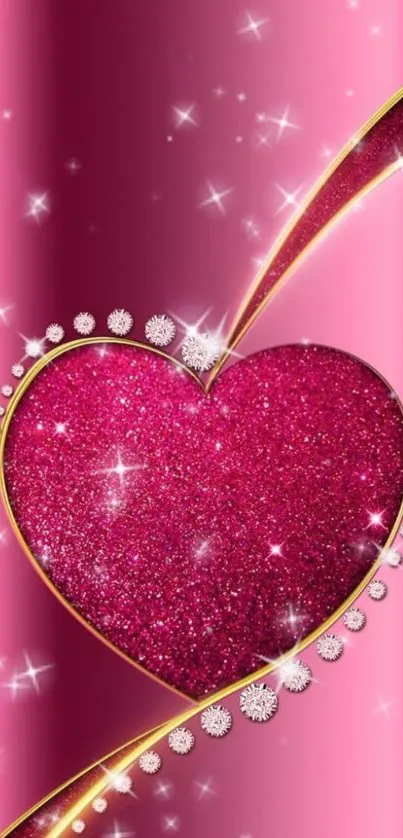 Pink glitter heart wallpaper with gold accents and sparkle details.