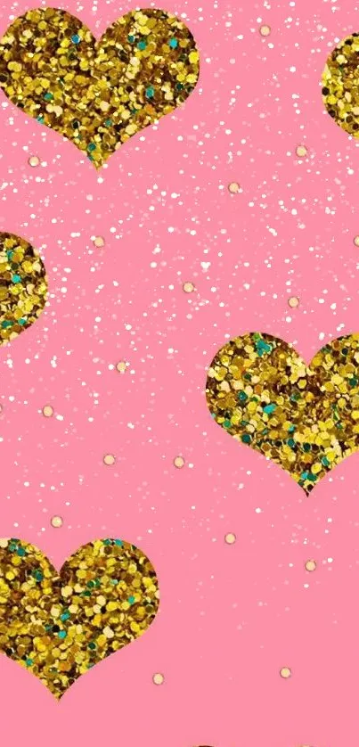 Mobile wallpaper with glitter hearts on a pink background.