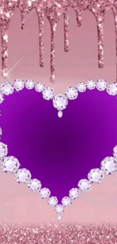 Sparkling heart with diamond border on pink background.