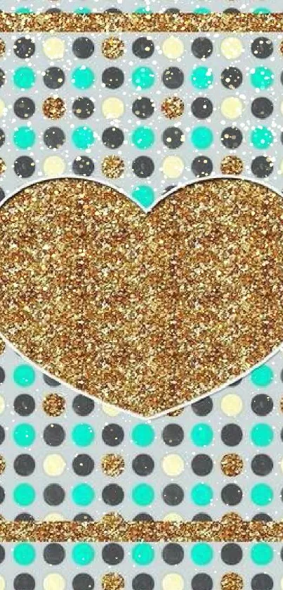 Glitter heart with colorful polka dots on phone wallpaper.