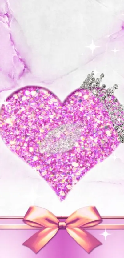 Pink glitter heart with crown and bow design mobile wallpaper.