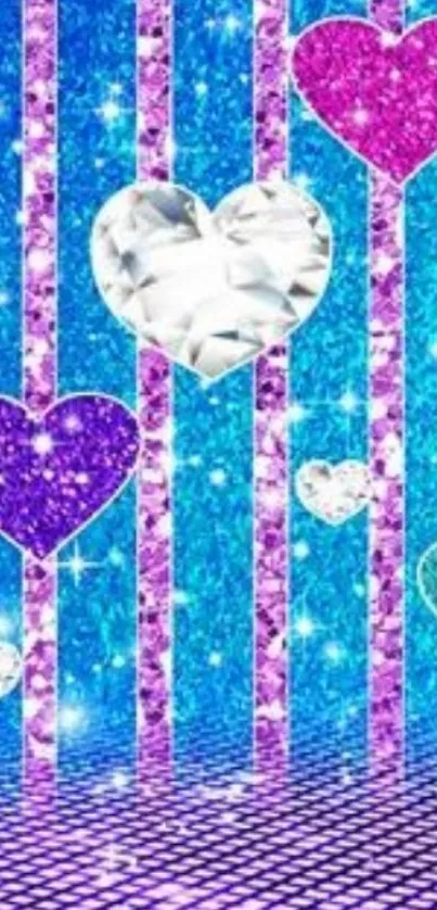 Colorful glitter hearts on striped background wallpaper.