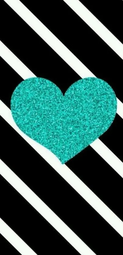 Teal glitter heart on black and white stripes wallpaper