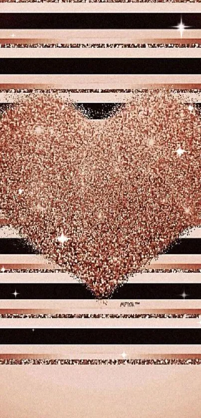 Rose gold glitter heart with chic stripes on wallpaper.