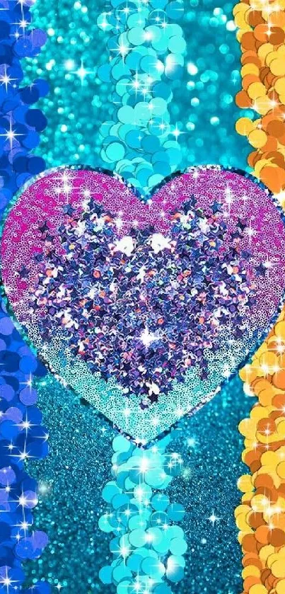 Vibrant glitter heart with colorful sparkles backdrop.