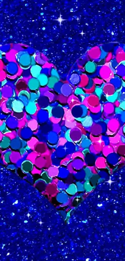 Vibrant blue glitter heart wallpaper with colorful sparkles.