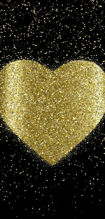 Gold glitter heart on black background for mobile wallpaper.