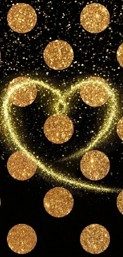 Black wallpaper with gold glitter heart and circles.