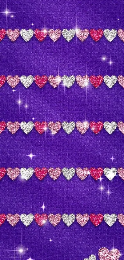 Mobile wallpaper with glitter hearts on a purple background.