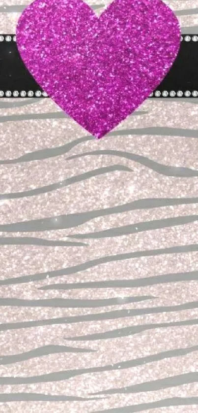 Pink glitter heart mobile wallpaper with zebra stripes and black ribbon.