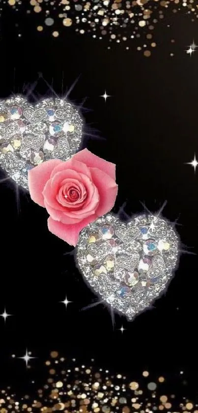 Mobile wallpaper with glitter hearts and pink rose on a black background.