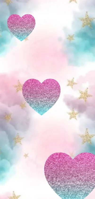 Mobile wallpaper with glitter hearts and golden stars on pastel clouds.