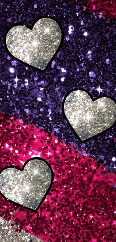 Glittery wallpaper with silver hearts, purple and pink hues.