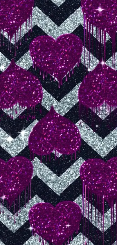 Purple glitter hearts on silver zigzag pattern mobile wallpaper.