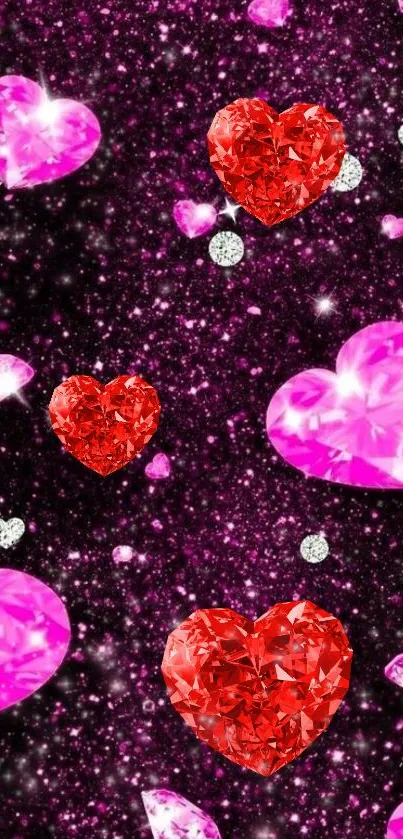 Sparkling pink and red heart-shaped gems on a starry background for mobile wallpaper.