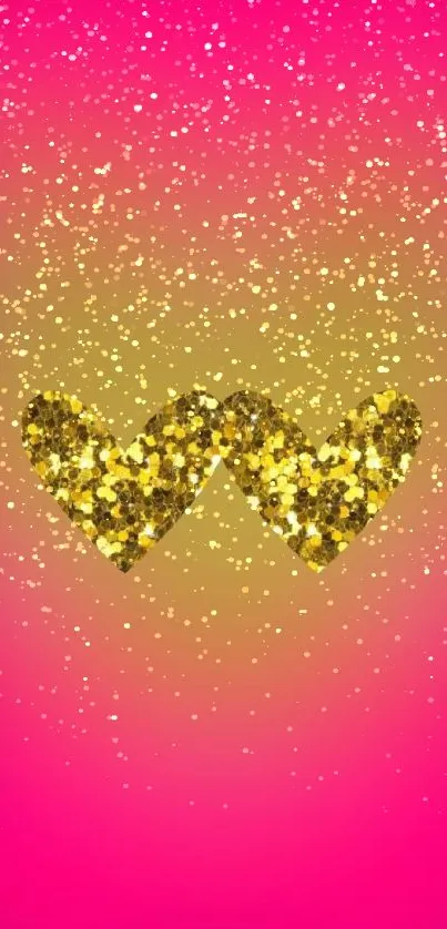 Golden glitter hearts on pink wallpaper background.