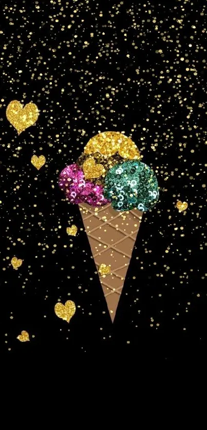 Sparkly ice cream cone with gold hearts on black wallpaper.