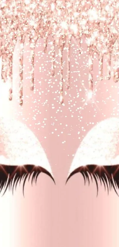 Rose gold glitter lashes with sparkling drips on a chic mobile wallpaper.