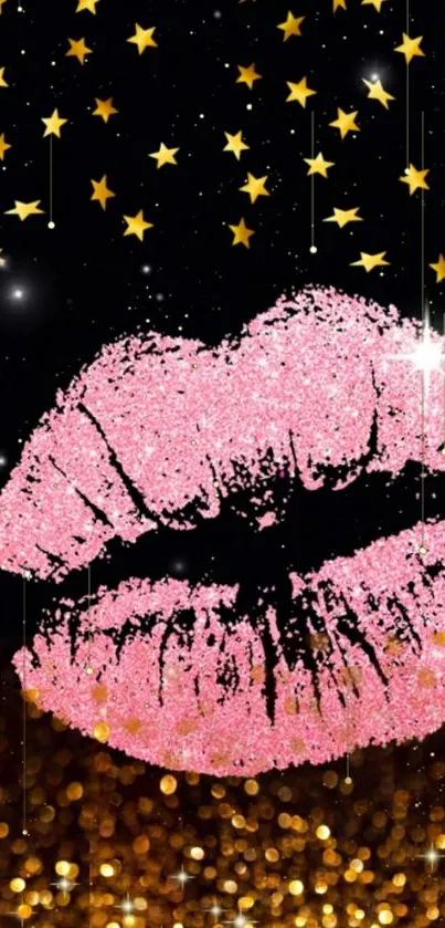 Glittery pink lips with stars on black background.