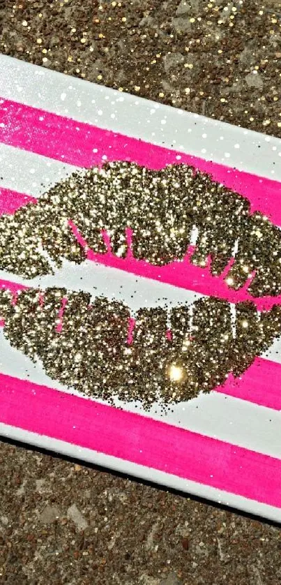 Glitter lips on pink and white striped canvas with a chic look.