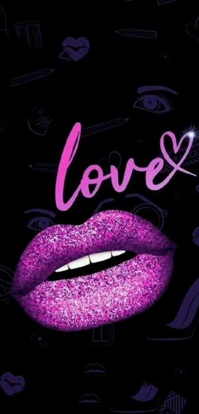 Mobile wallpaper with glittery pink lips and love text on black background.