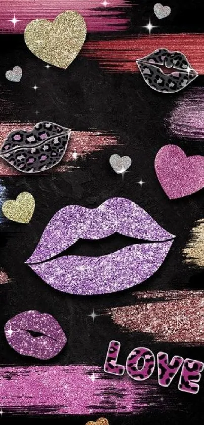 Glittery lips and hearts wallpaper with love text in vibrant colors.