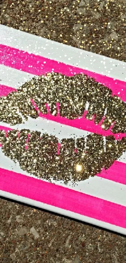 Glittery lips on a pink and white striped canvas.