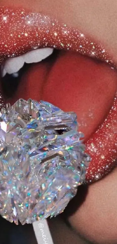 Phone wallpaper with glitter lips and crystal candy.