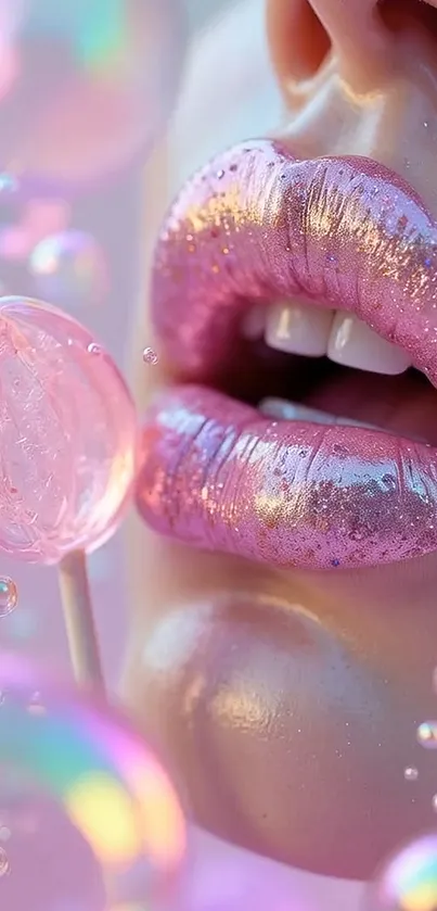 Close-up of glittery lips with pink bubbles.