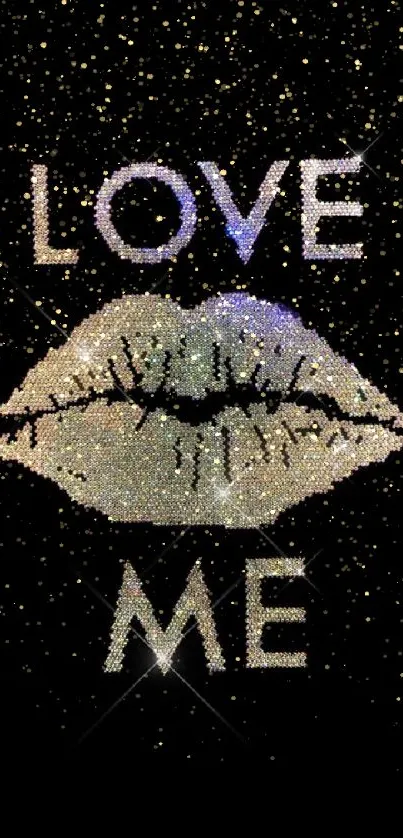 Glittery 'Love Me' mobile wallpaper with sparkling lips on black background.