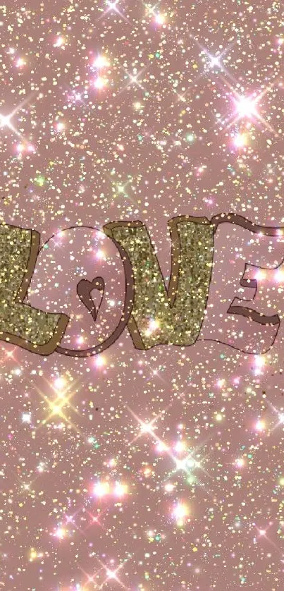 Pink glitter wallpaper with 'Love' text in gold sparkle.