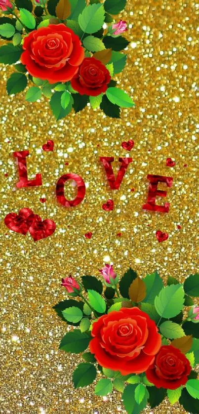 Love-themed mobile wallpaper with red roses and gold glitter.