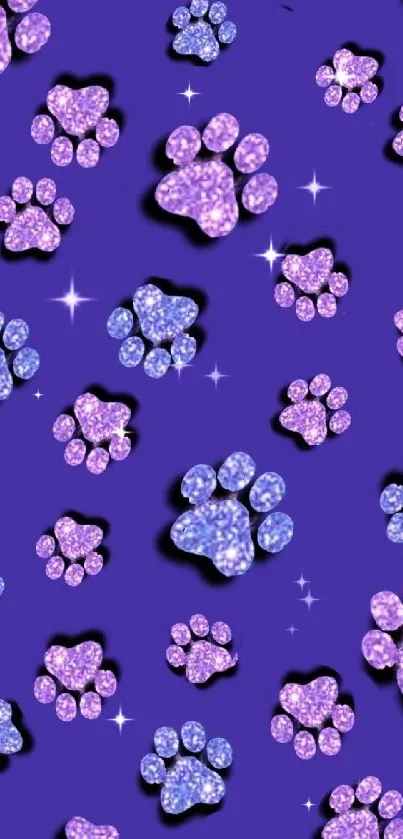 Purple wallpaper with glitter paw prints.