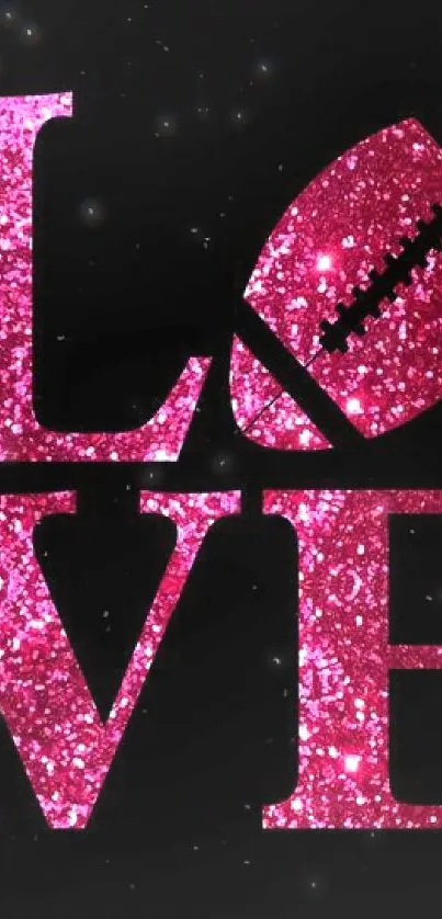 Pink glitter love design with football on black background.