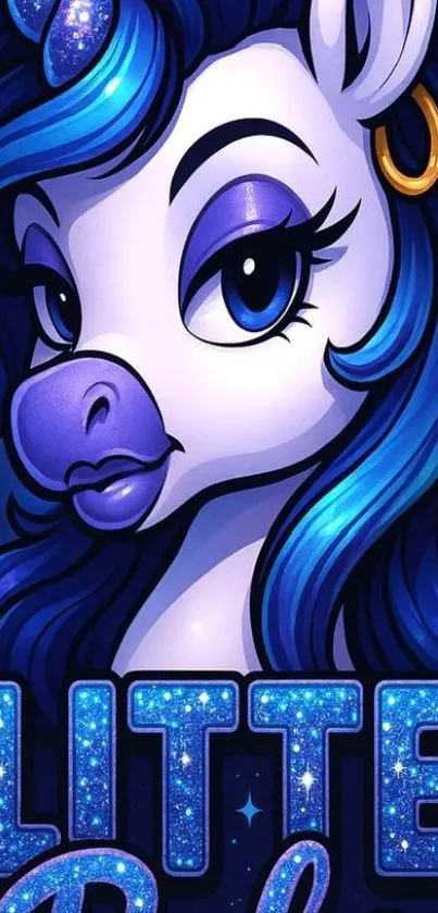 A glittery blue pony with enchanting features in fantasy art style.