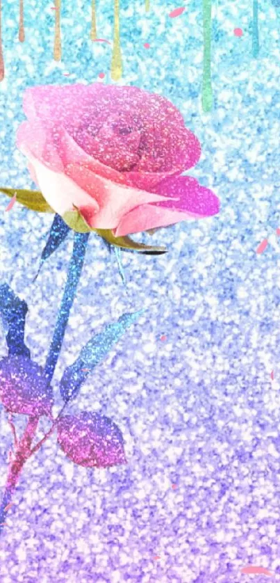 Vibrant glitter rose on pastel rainbow background with sparkle effects.